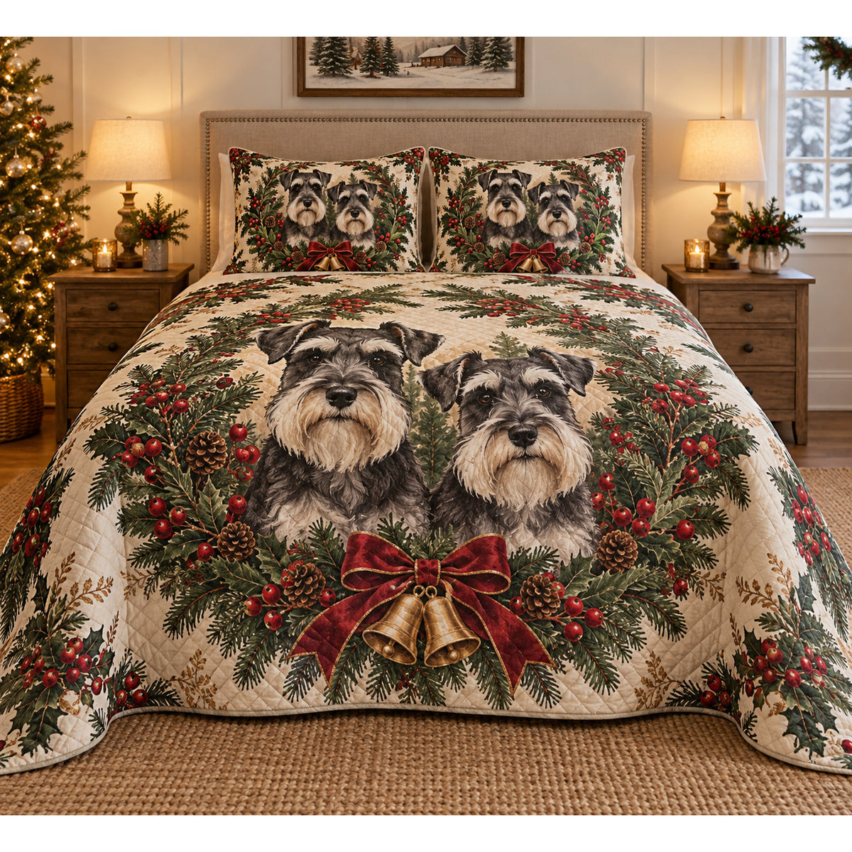 Schnauzer Christmas Wreath Quilt Set
