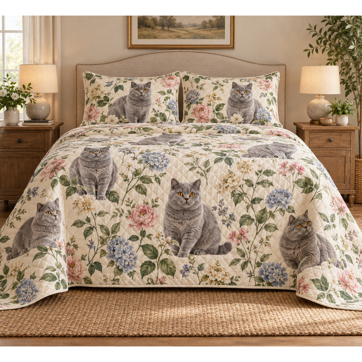 British Shorthair Cat Cottage Floral Quilt Set