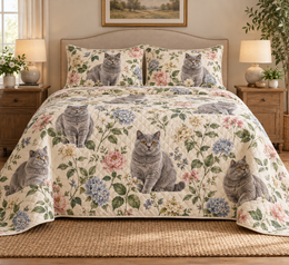 British Shorthair Cat Cottage Floral Quilt Set