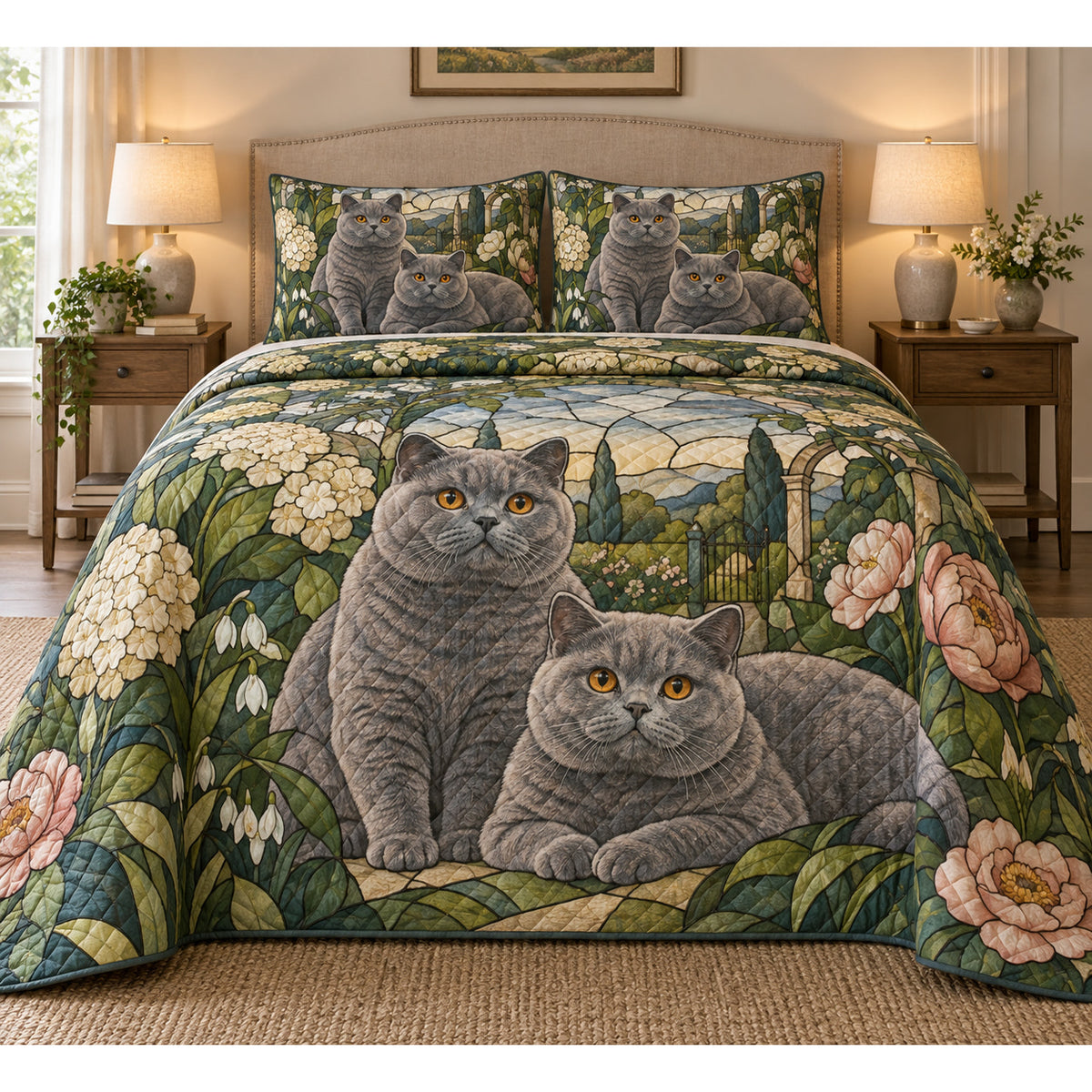 British Shorthair Cat Garden Stained Glass Quilt Set