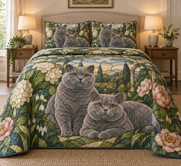 British Shorthair Cat Garden Stained Glass Quilt Set