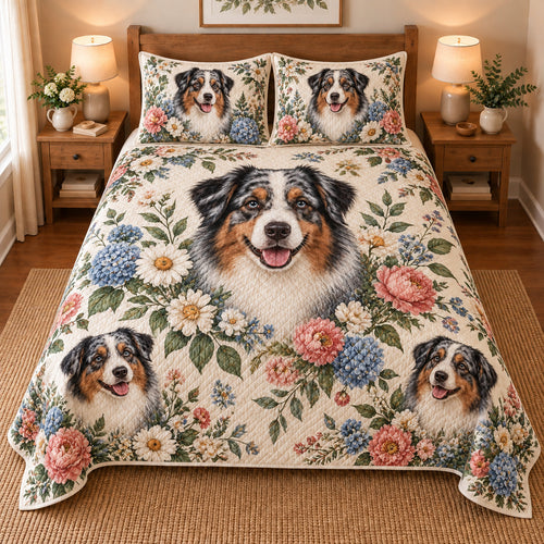 Australian Shepherd Cottage Floral Quilt Set, front bedroom view