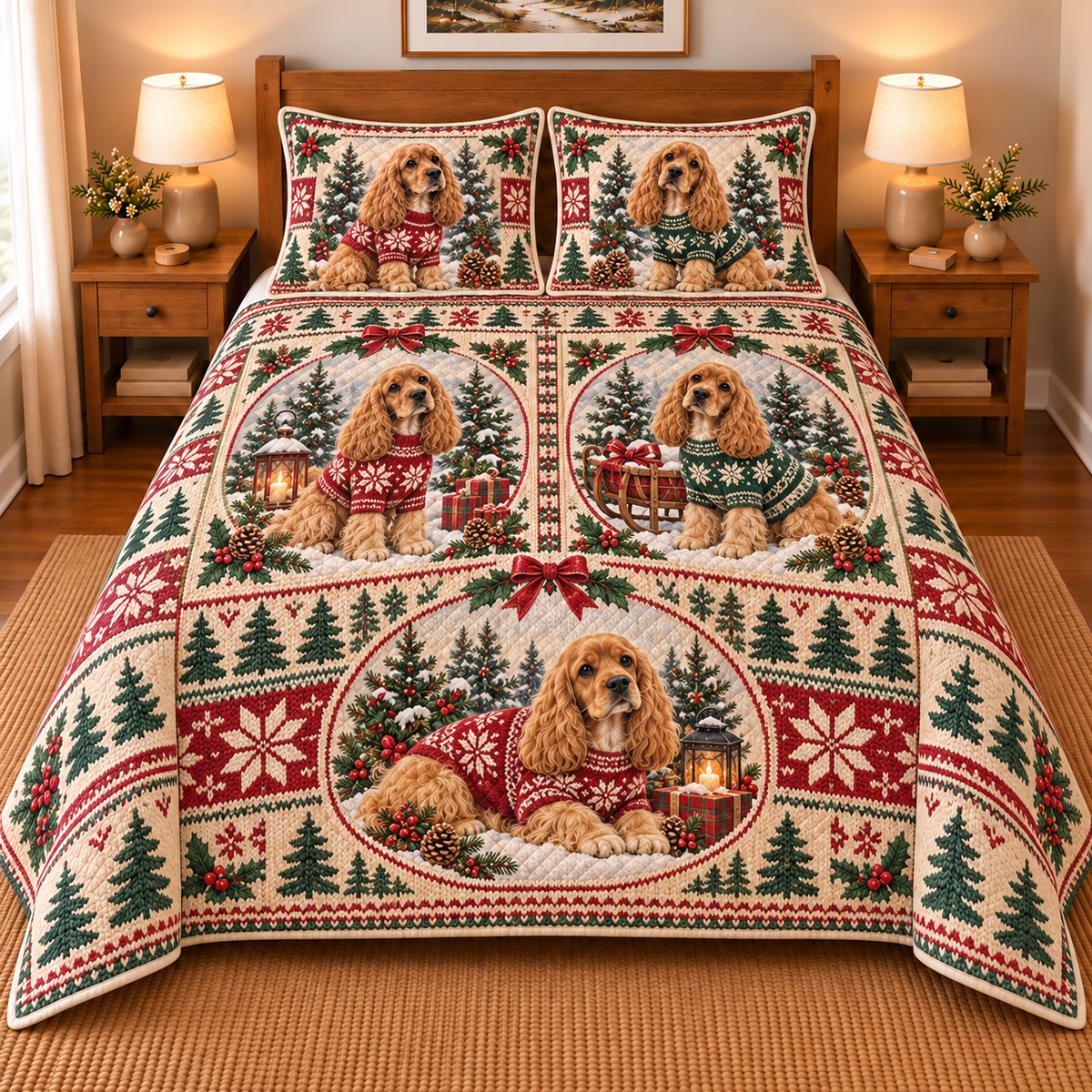 Cocker Spaniel Cozy Christmas Sweater Quilt Set, front bedroom view