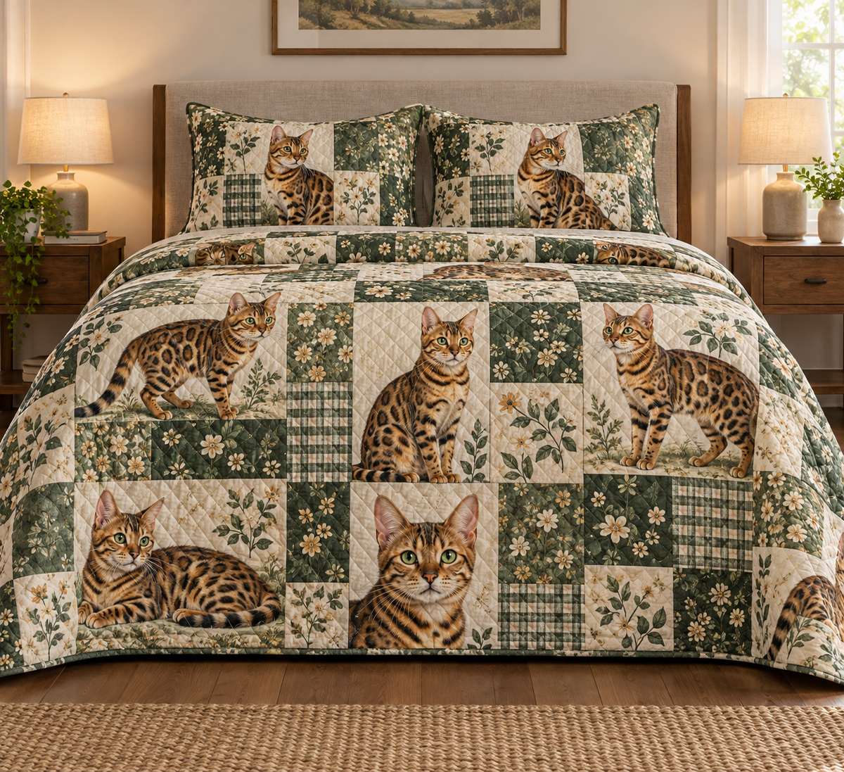 Bengal Cat Heritage Patchwork Quilt Set, front bedroom view