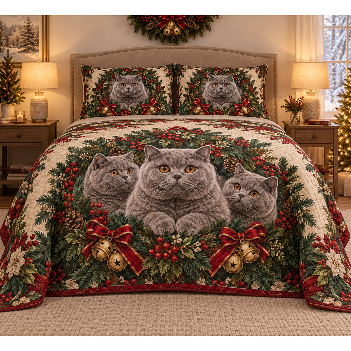 British Shorthair Cat Christmas Wreath Quilt Set