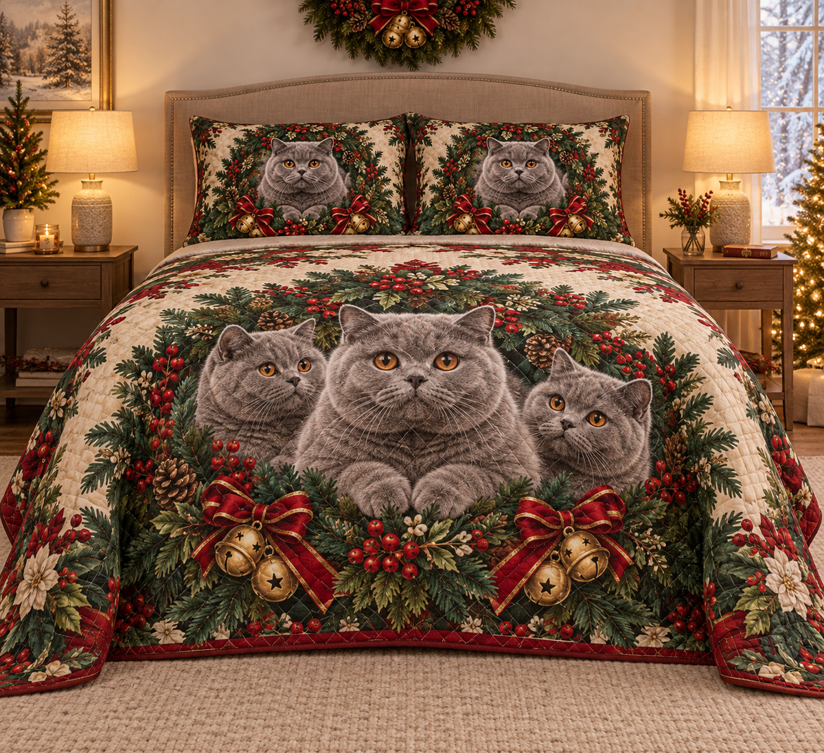 British Shorthair Cat Christmas Wreath Quilt Set, front bedroom view