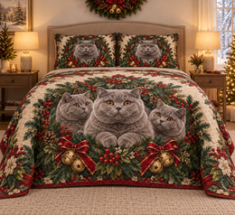 British Shorthair Cat Christmas Wreath Quilt Set