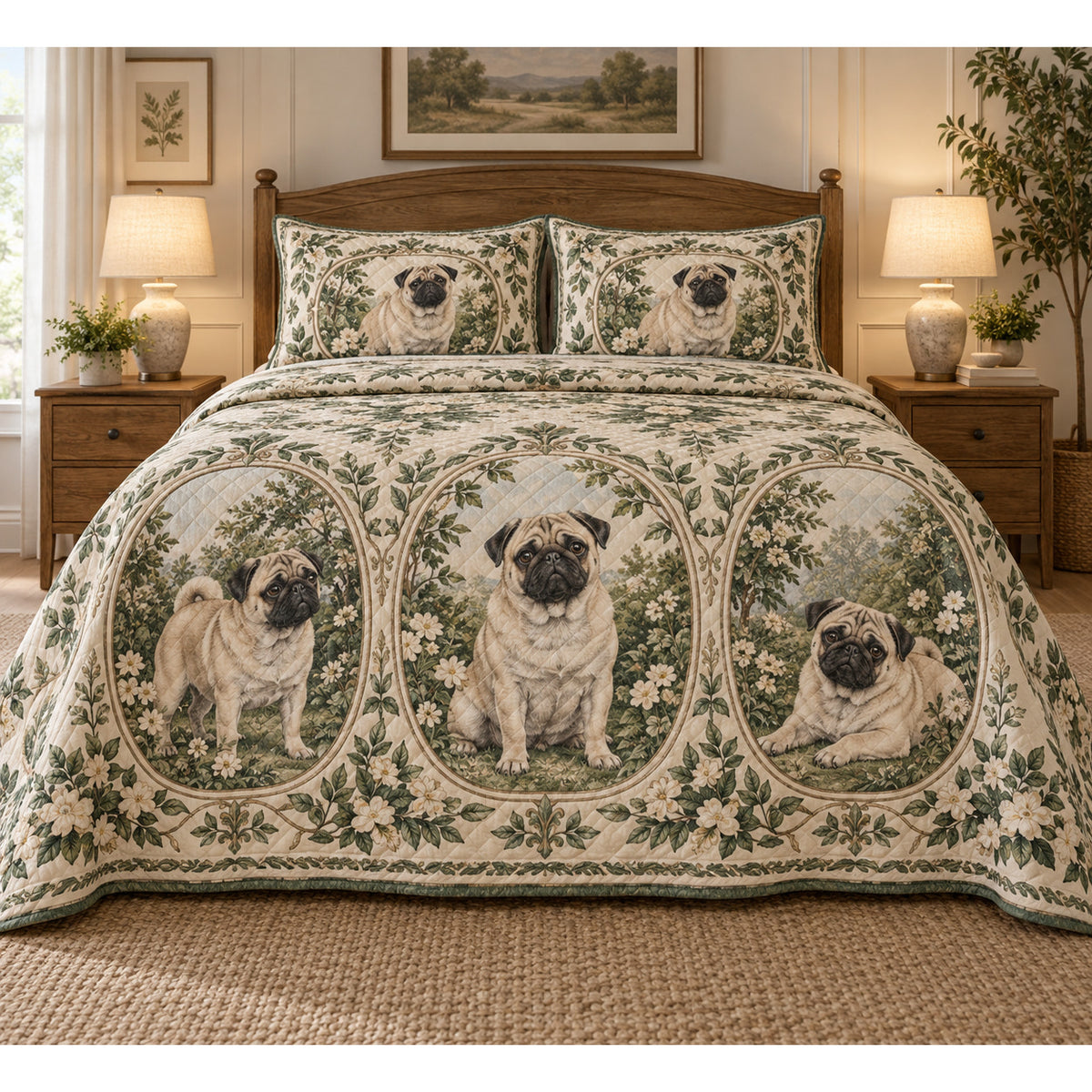 Pug Garden Cameos Quilt Set