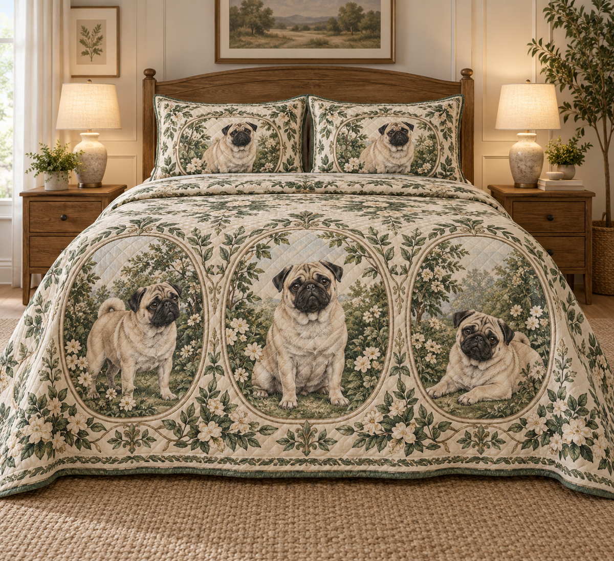 Pug Garden Cameos Quilt Set, front bedroom view