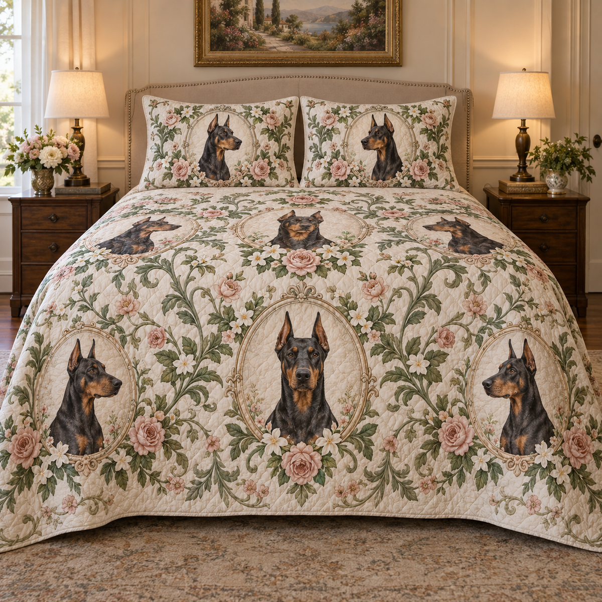 Doberman Pinscher Garden Cameos Quilt Set, front bedroom view