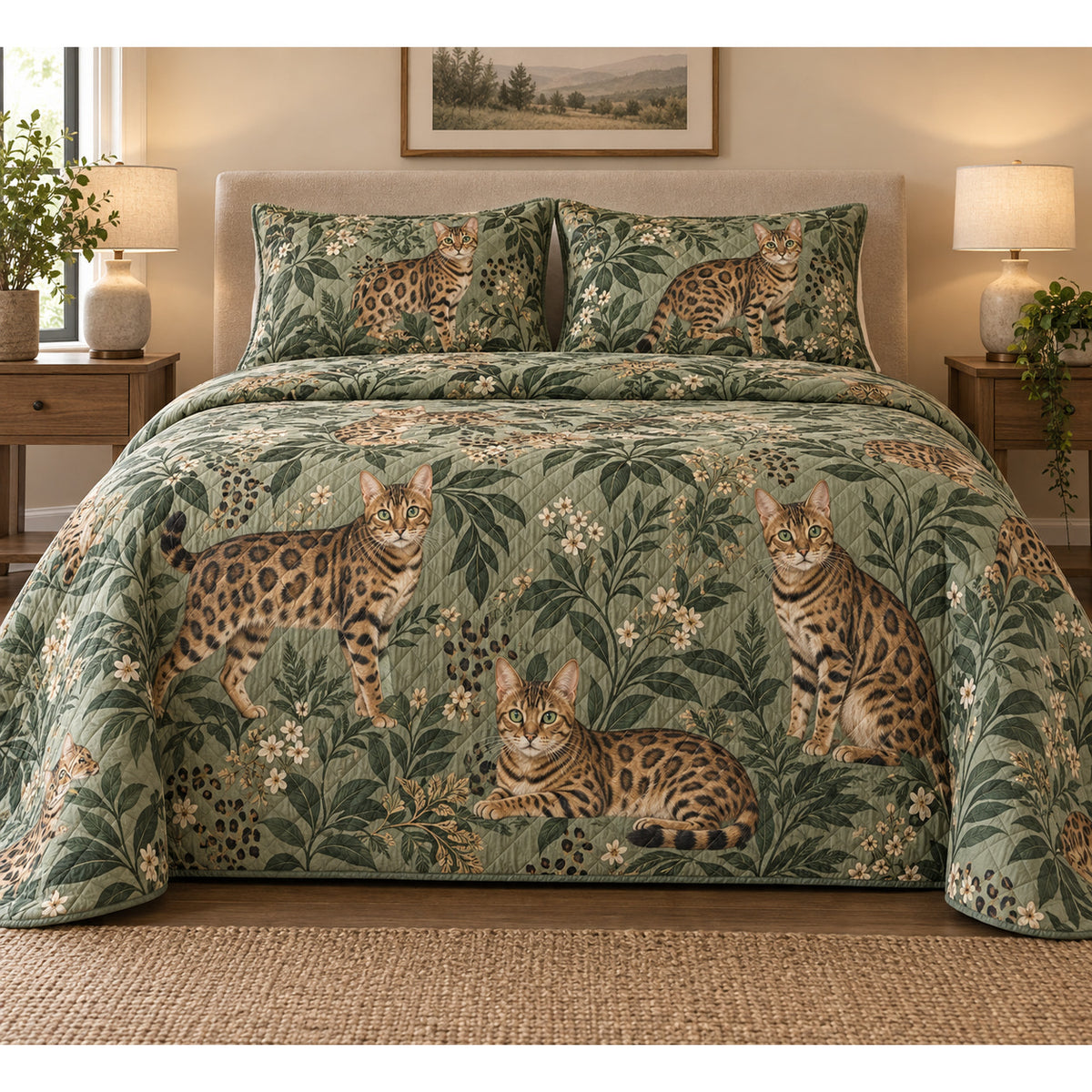 Bengal Cat Spotted Botanical Quilt Set
