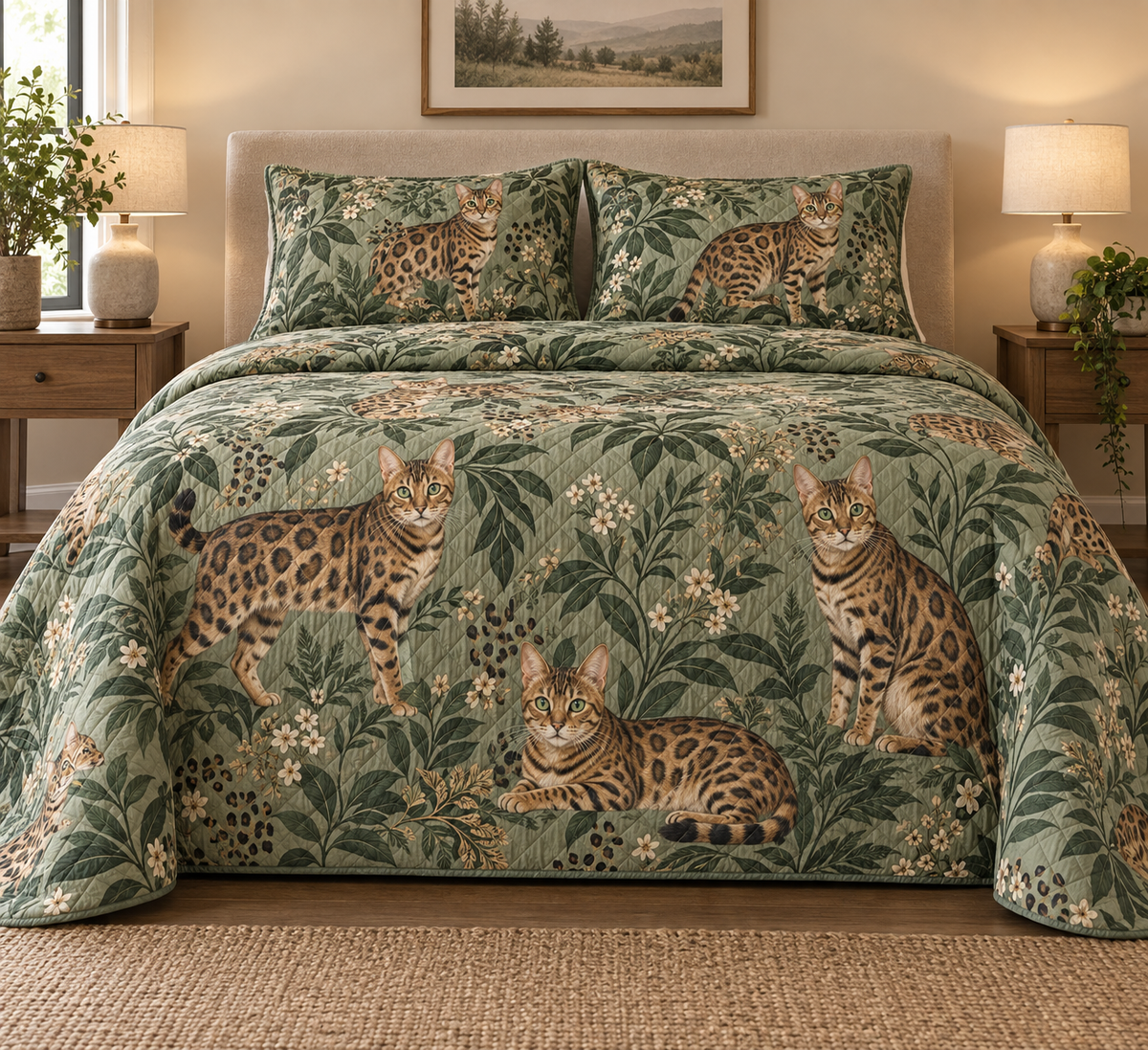 Bengal Cat Spotted Botanical Quilt Set, front bedroom view