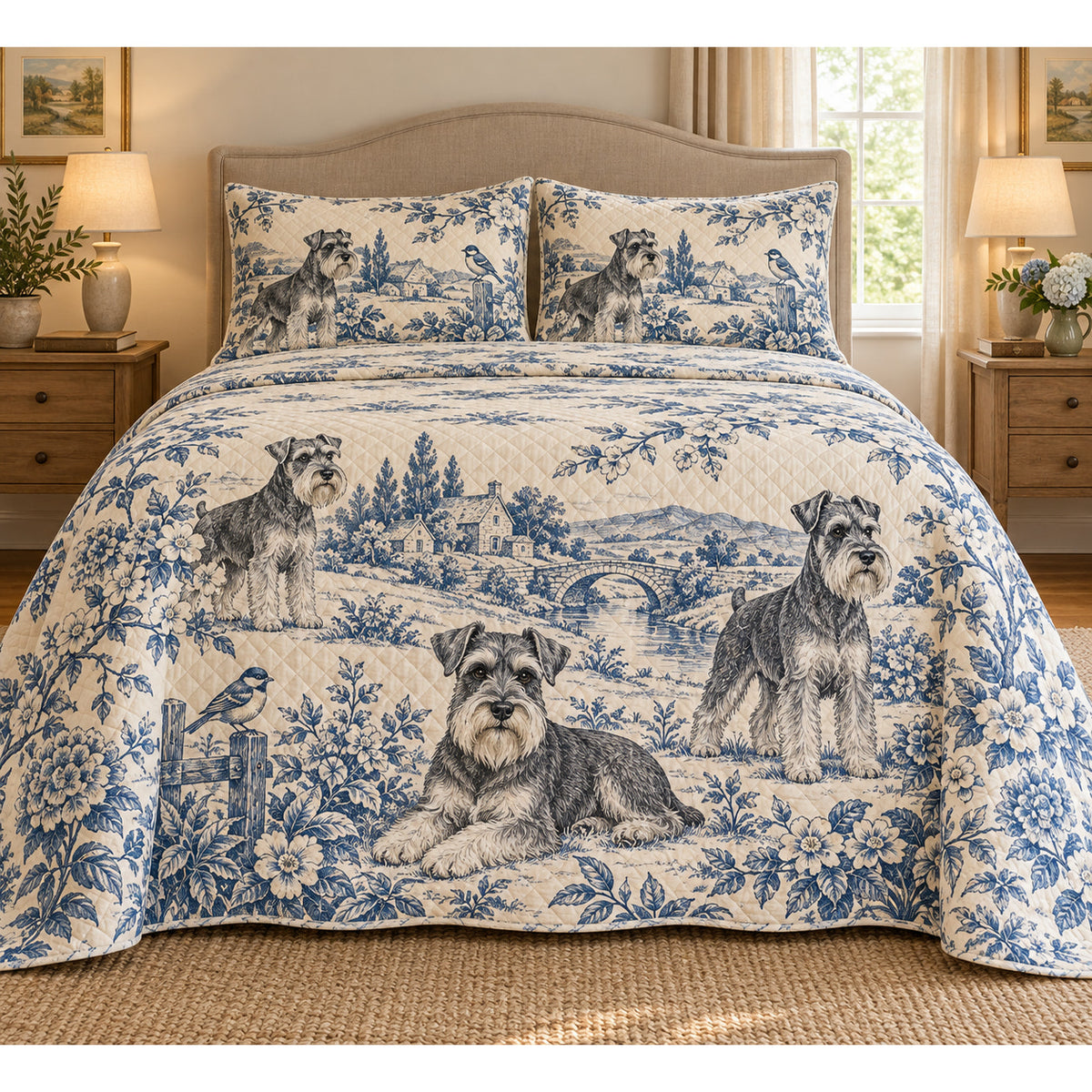 Schnauzer Blue Country Toile Quilt Set