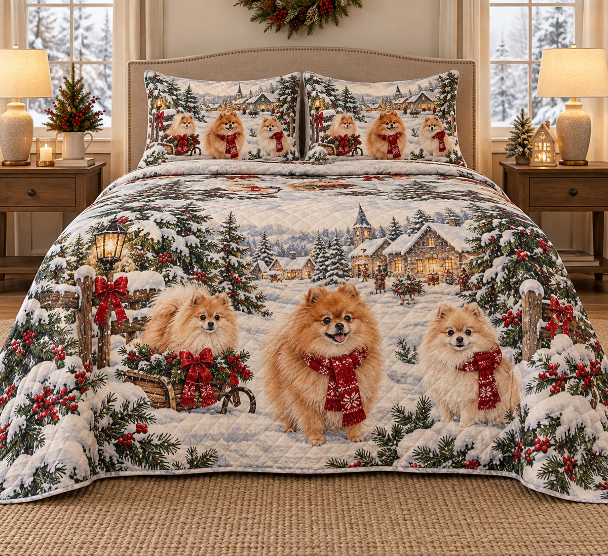Pomeranian Vintage Postcards Christmas Quilt Set, front bedroom view