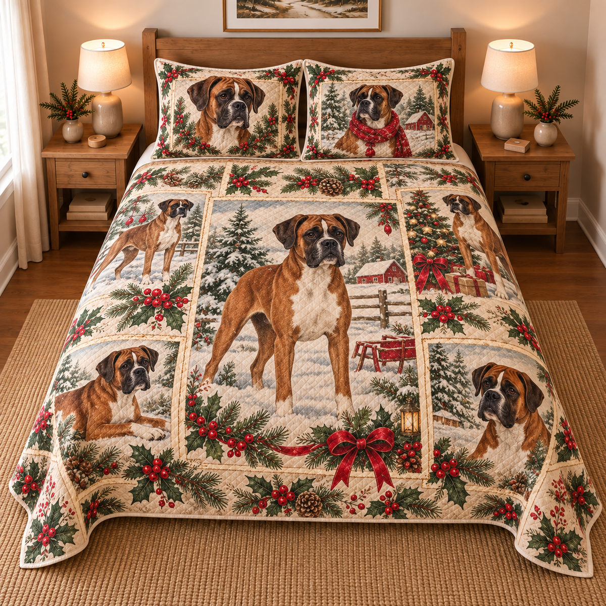 Boxer Vintage Christmas Postcards Quilt Set, front bedroom view