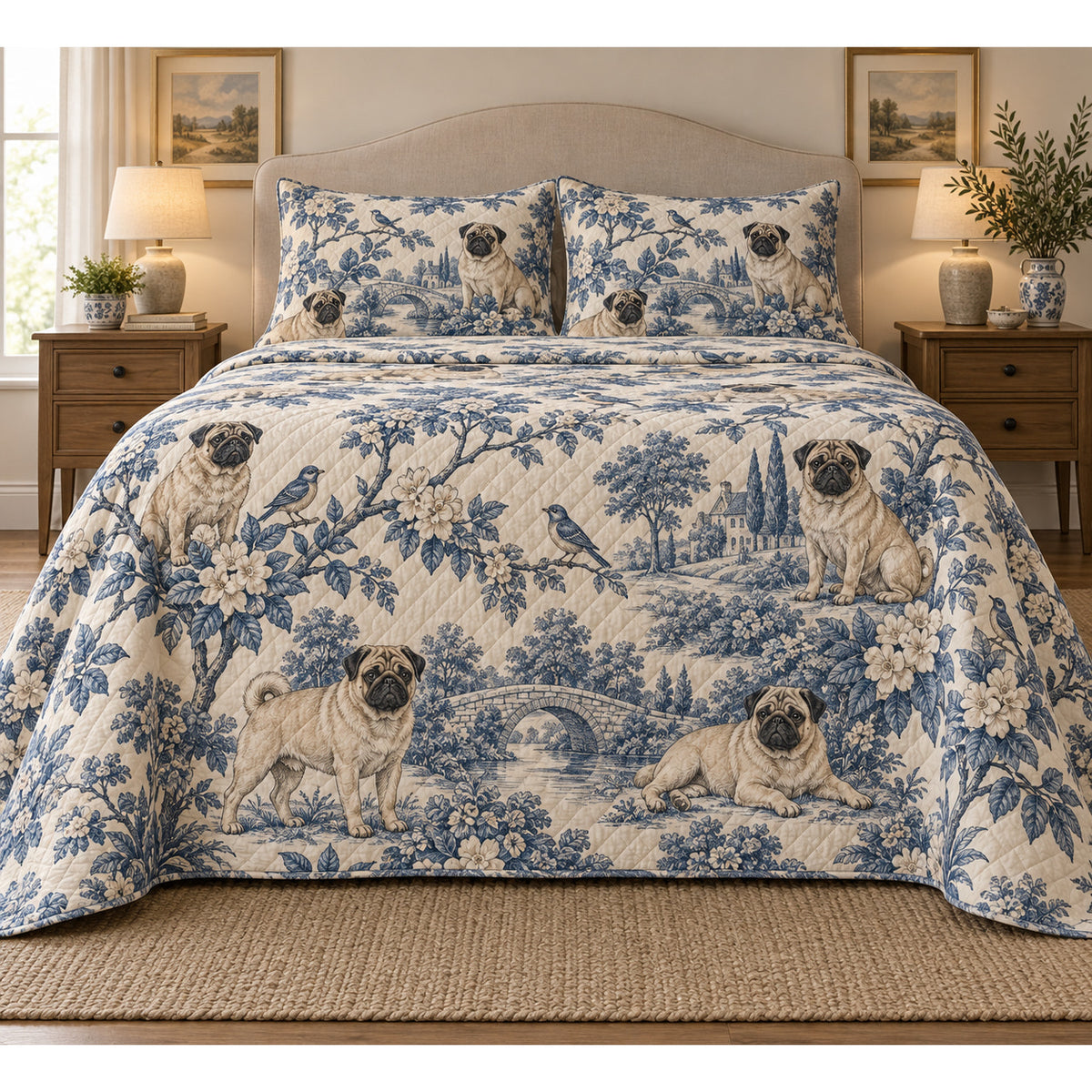 Pug Blue Country Toile Quilt Set