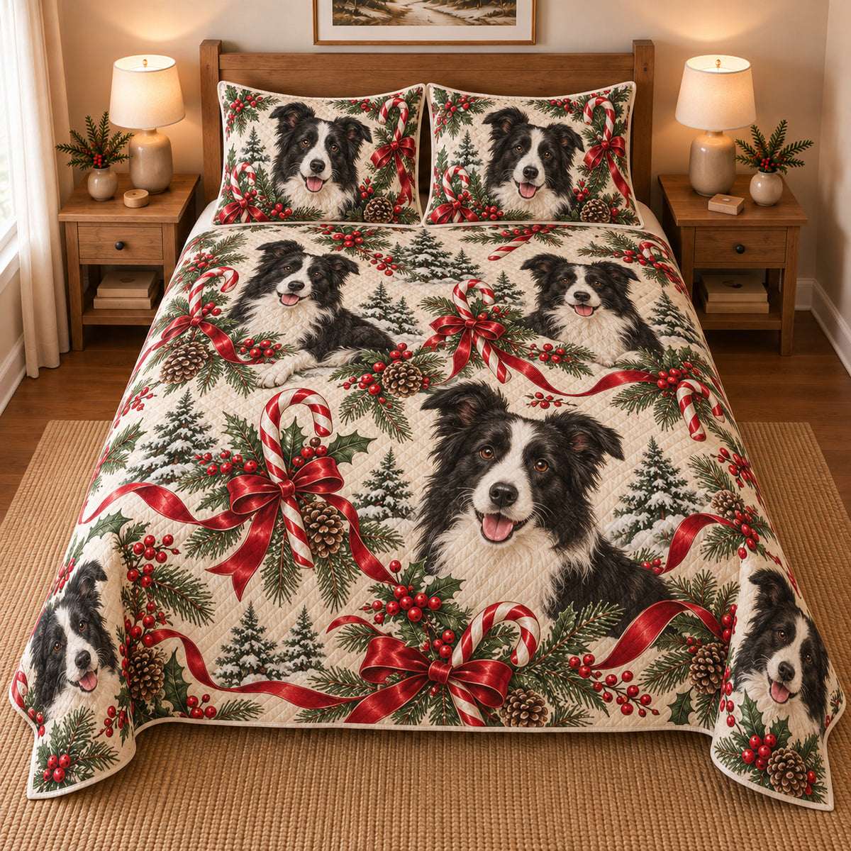 Border Collie Peppermint Ribbons Christmas Quilt Set