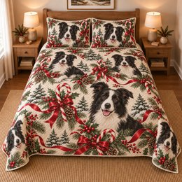 Border Collie Peppermint Ribbons Christmas Quilt Set