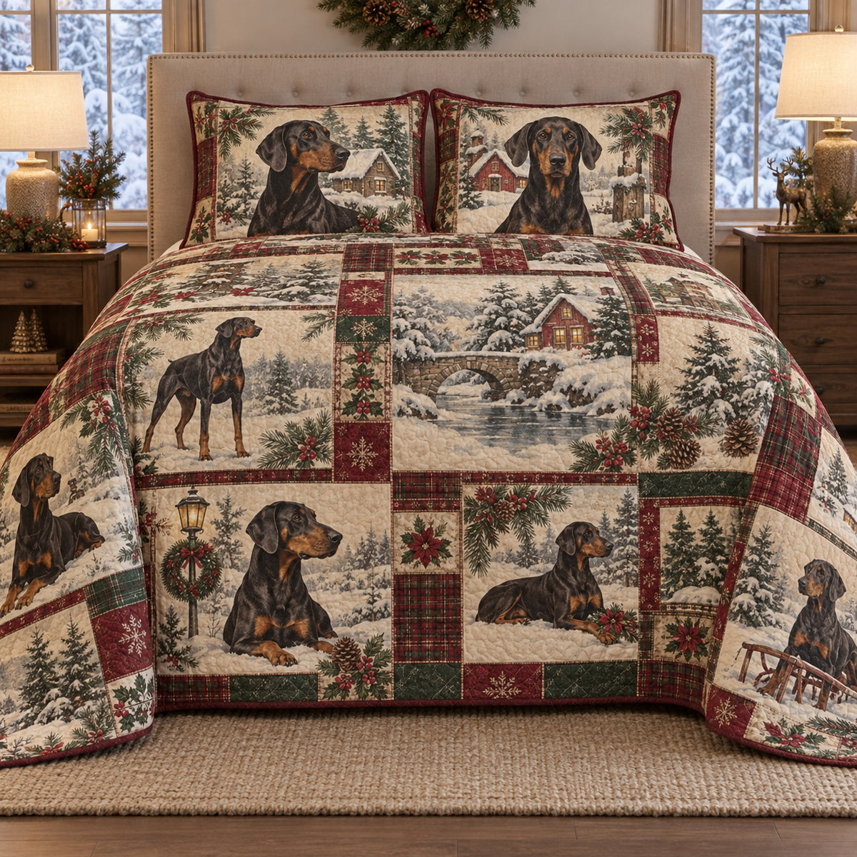 Doberman Pinscher Vintage Postcards Christmas Quilt Set