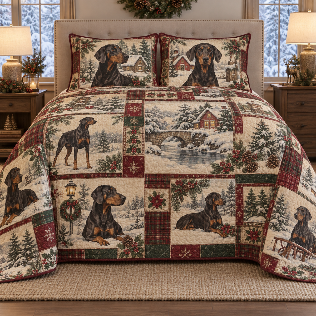 Doberman Pinscher Vintage Postcards Christmas Quilt Set, front bedroom view