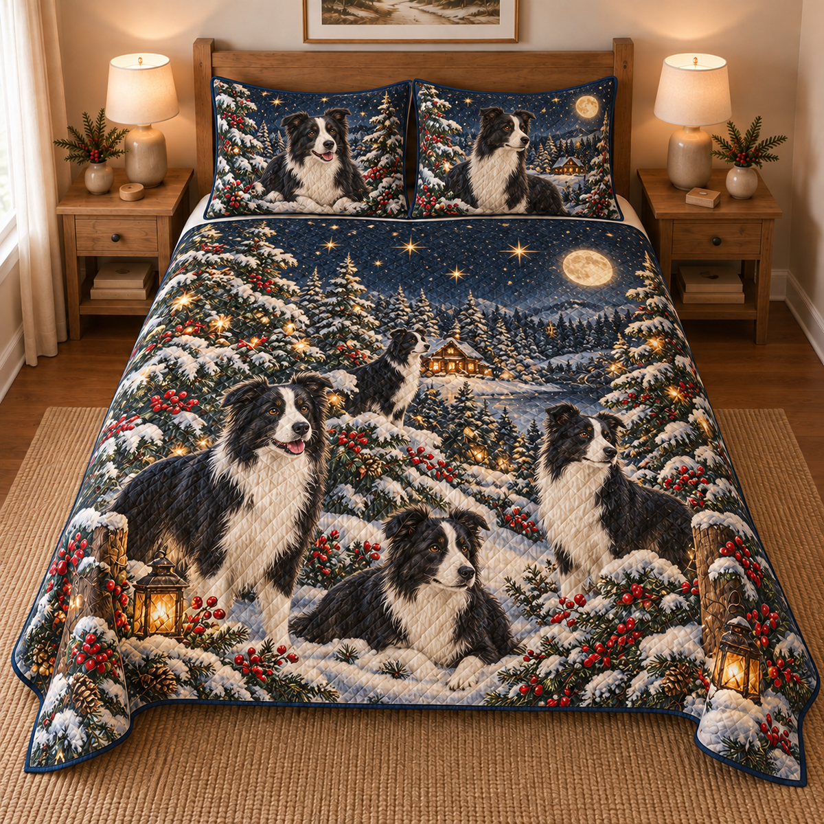 Border Collie Starlit Christmas Forest Quilt Set, front bedroom view