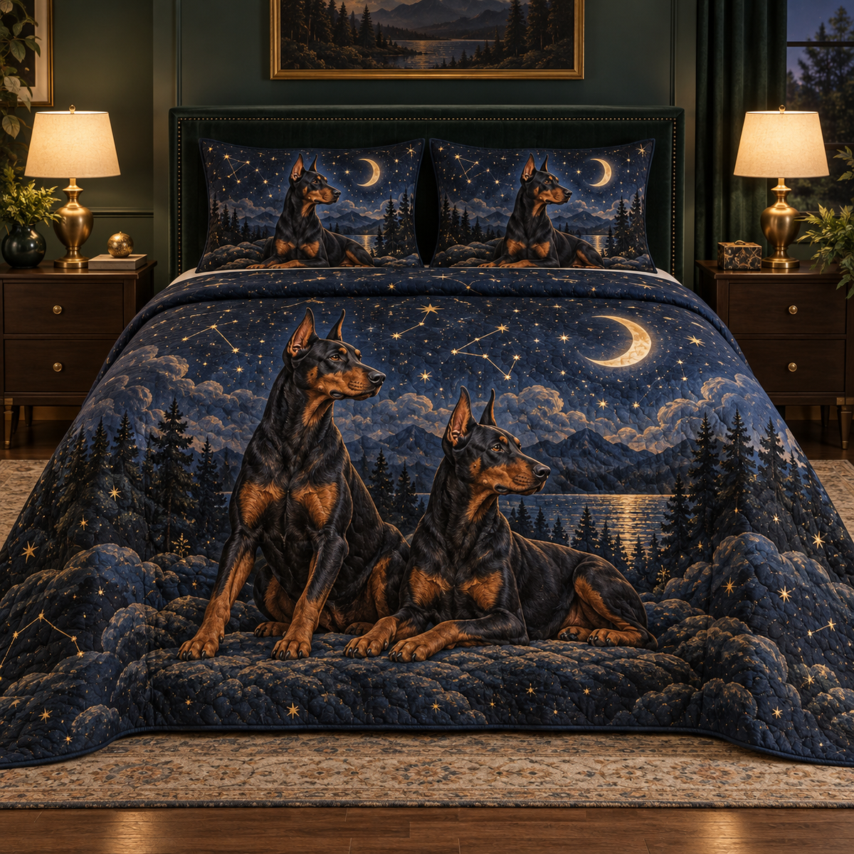 Doberman Pinscher Celestial Night Quilt Set, front bedroom view