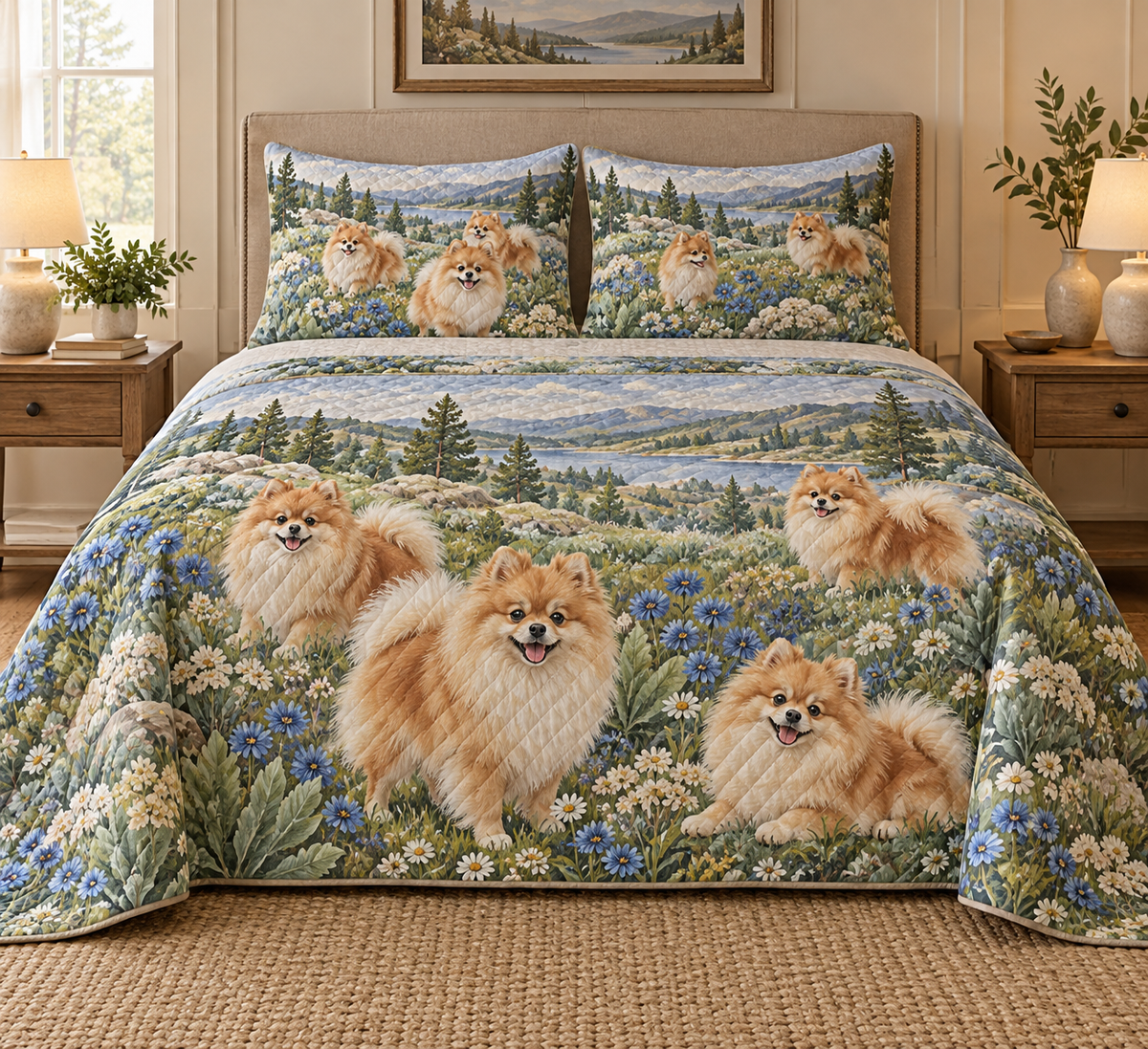 Pomeranian Wildflower Meadow Quilt Set, front bedroom view