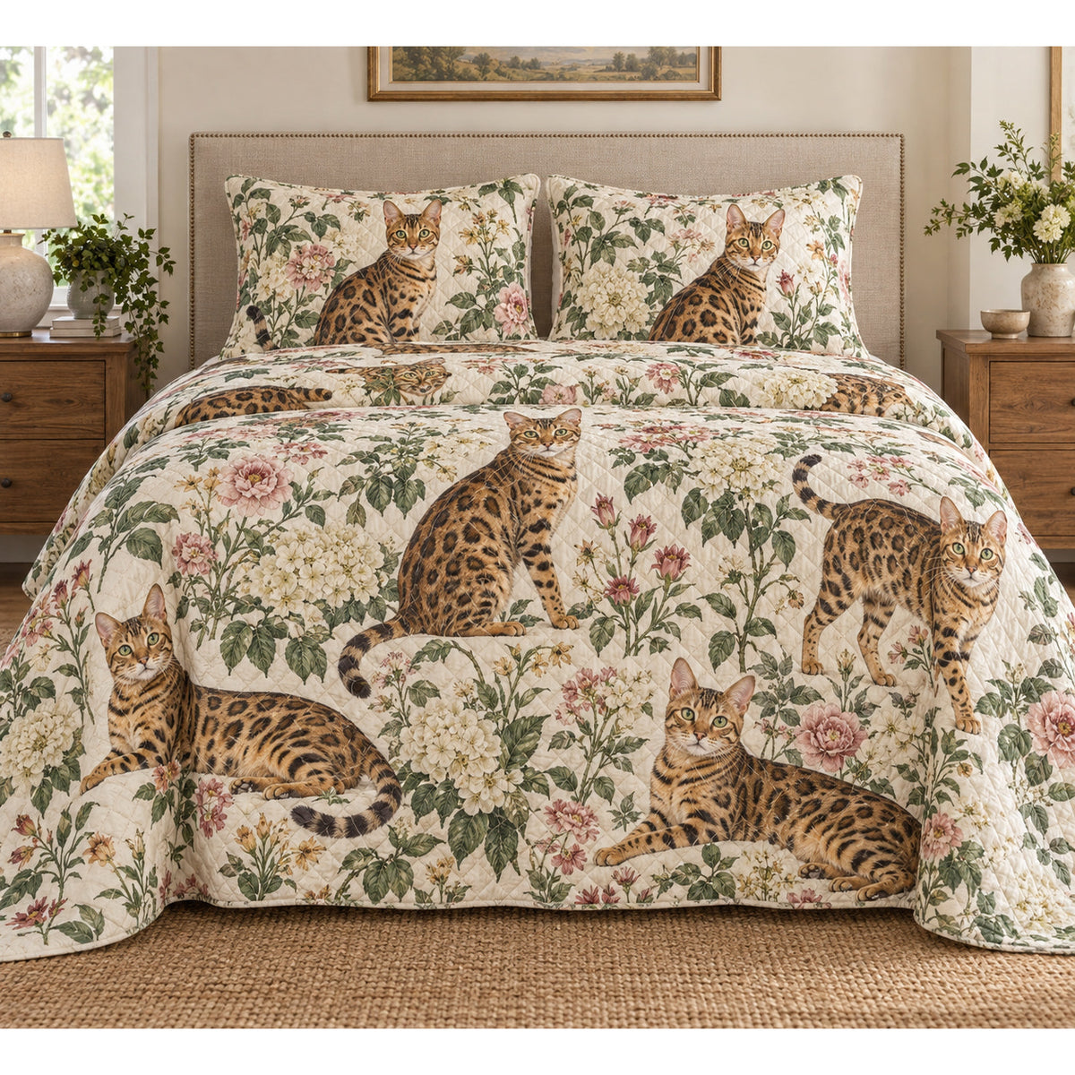 Bengal Cat Cottage Floral Quilt Set