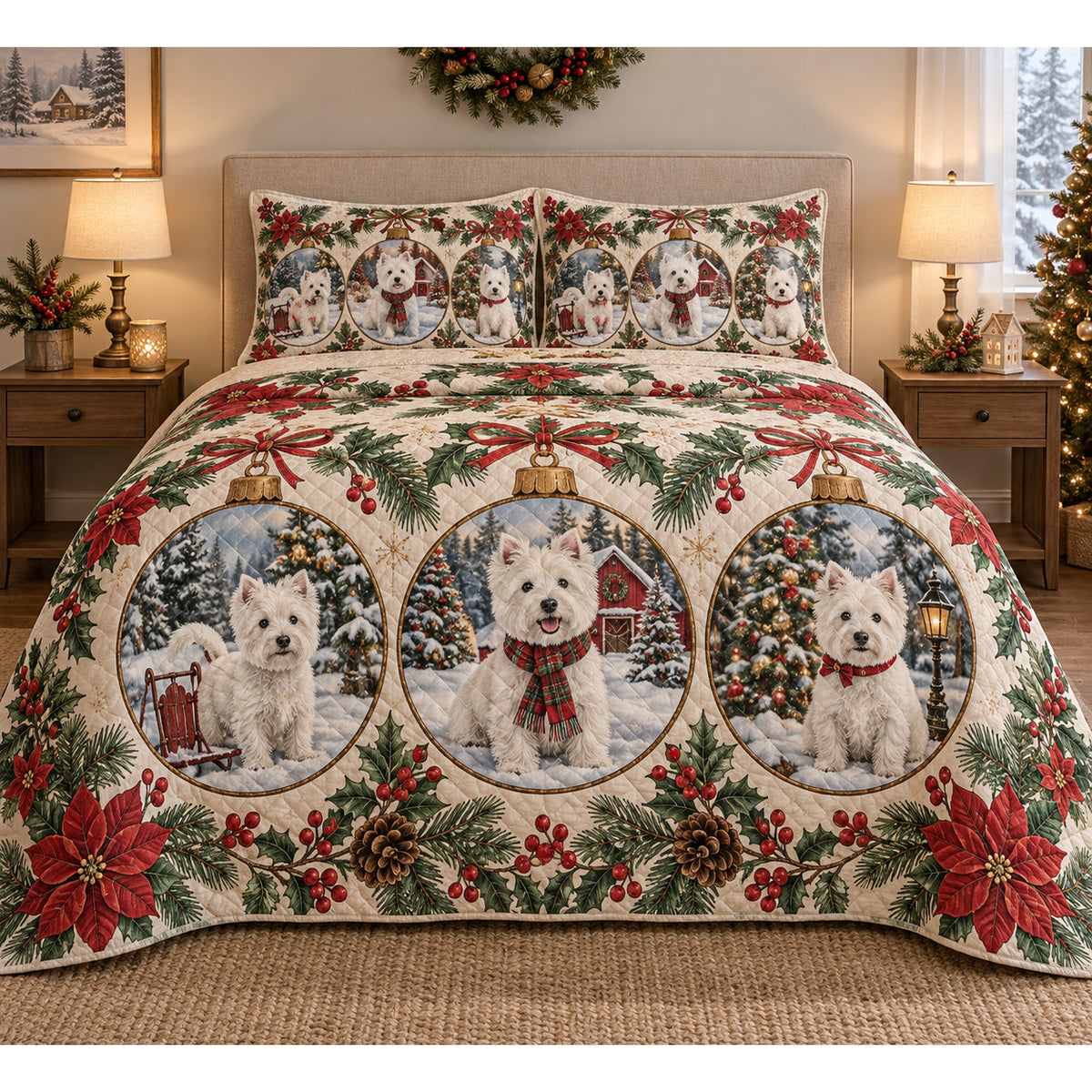 West Highland White Terrier Ornament Medallions Christmas Quilt Set
