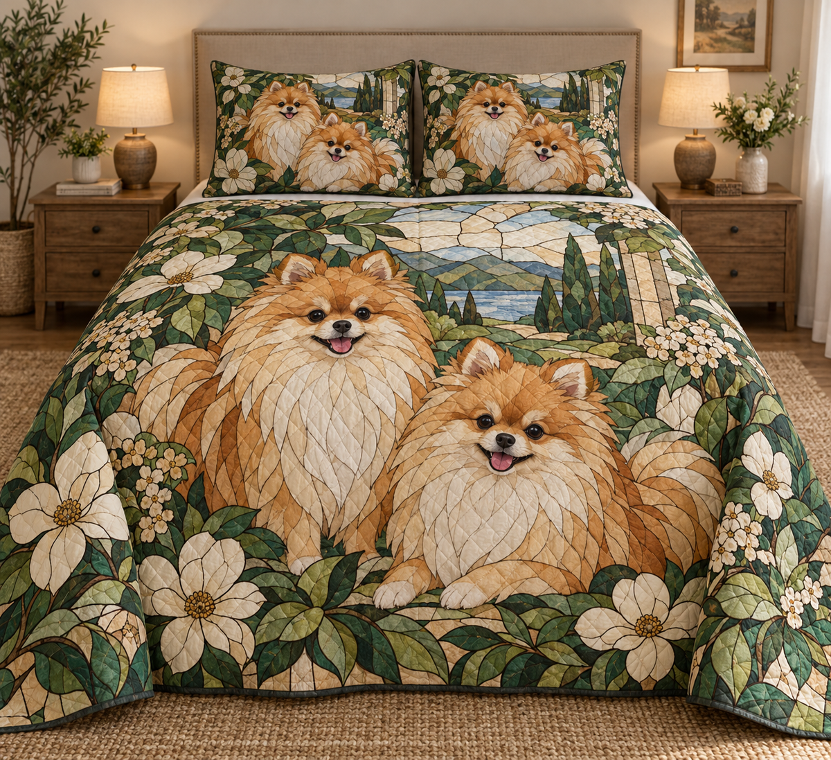Pomeranian Garden Stained Glass Quilt Set, front bedroom view