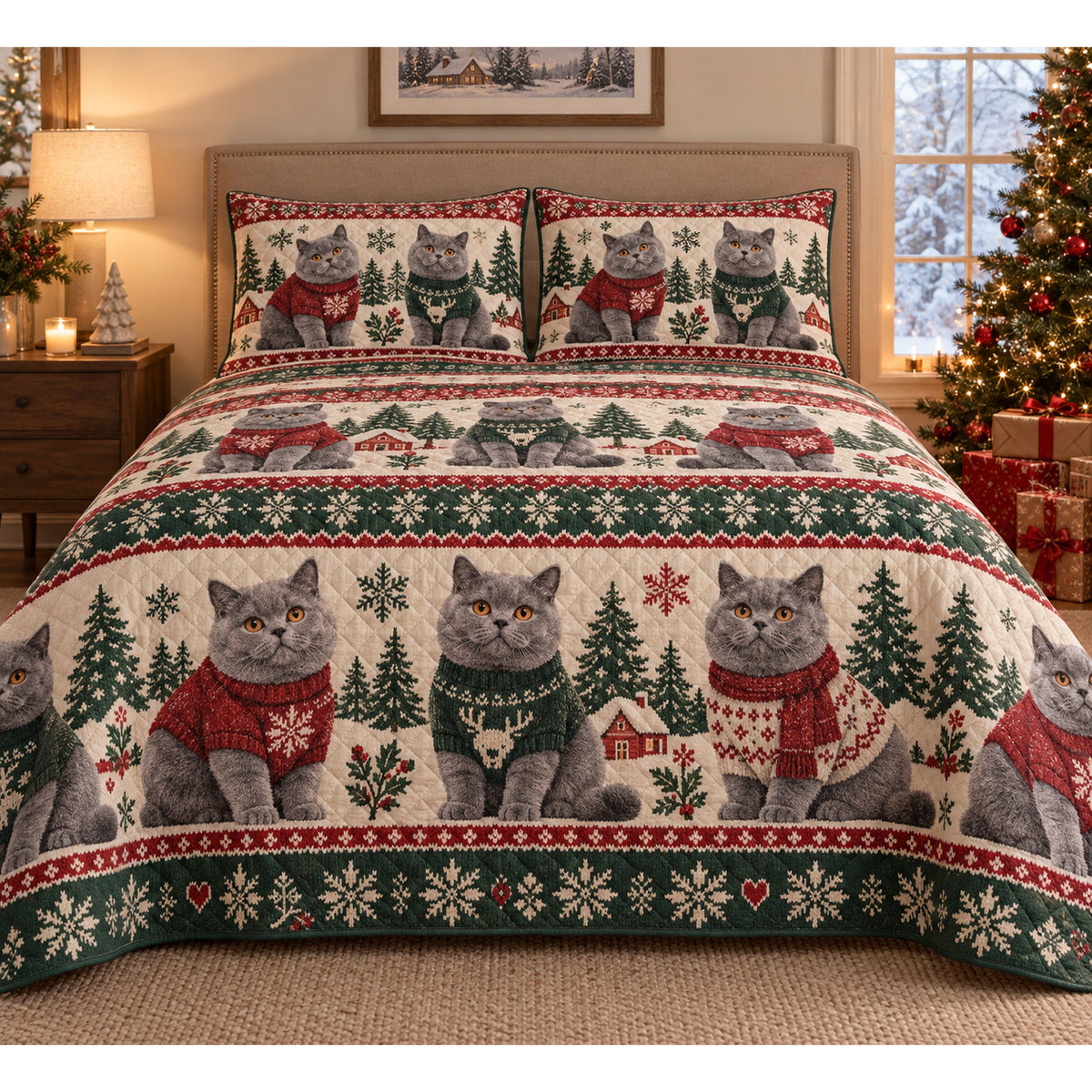 British Shorthair Cat Cozy Sweater Christmas Quilt Set