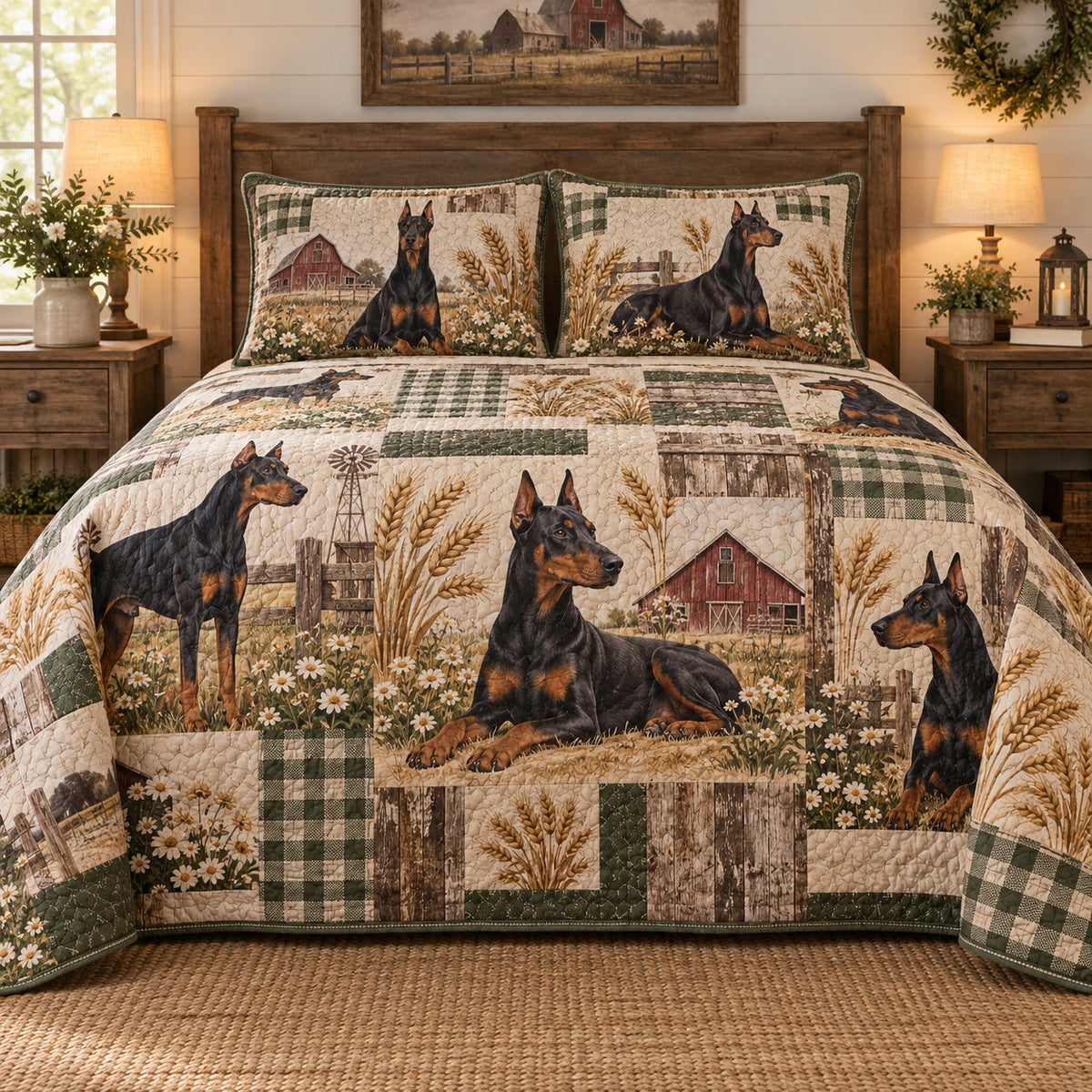 Doberman Pinscher Rustic Farmhouse Quilt Set