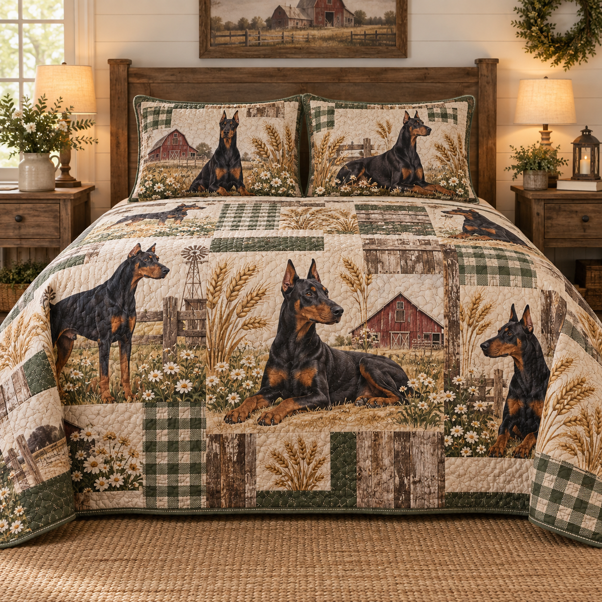 Doberman Pinscher Rustic Farmhouse Quilt Set, front bedroom view