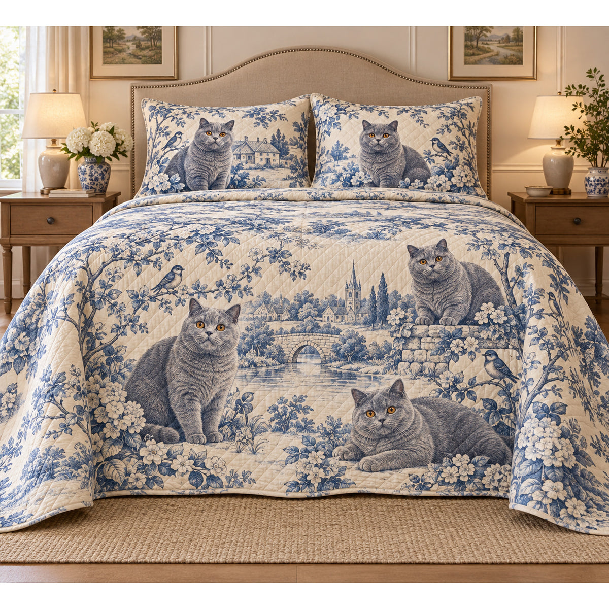 British Shorthair Cat Blue Country Toile Quilt Set
