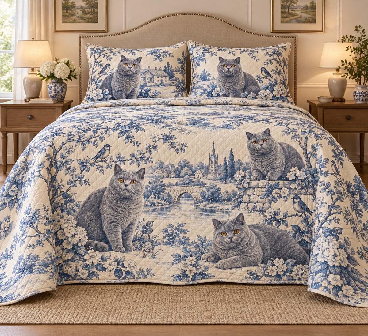 British Shorthair Cat Blue Country Toile Quilt Set, front bedroom view
