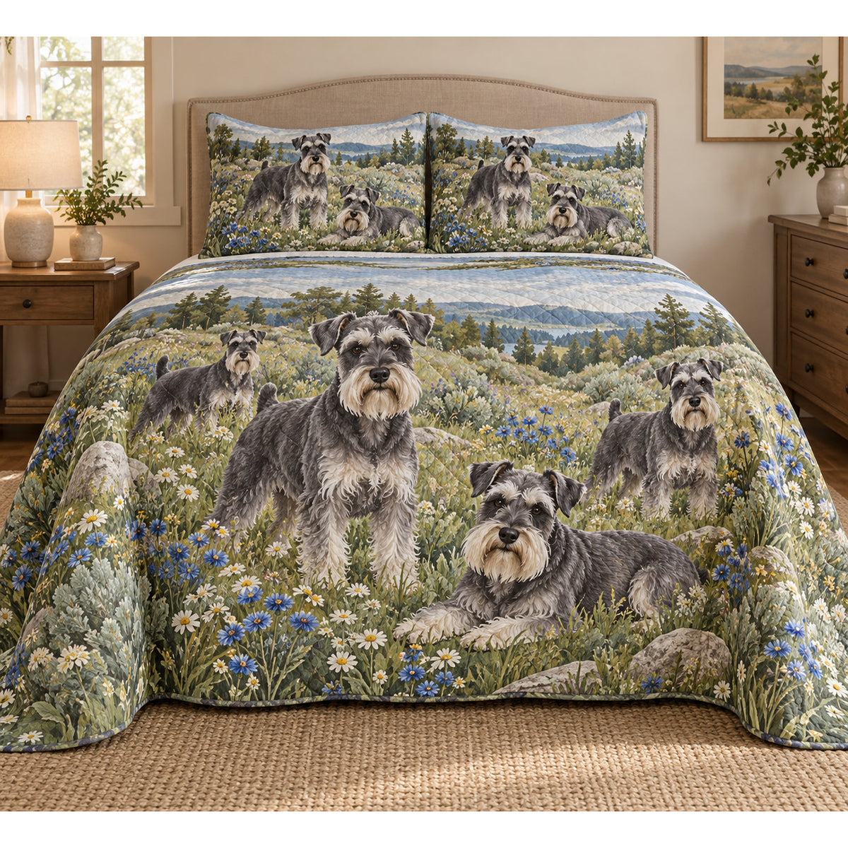 Schnauzer Wildflower Meadow Quilt Set