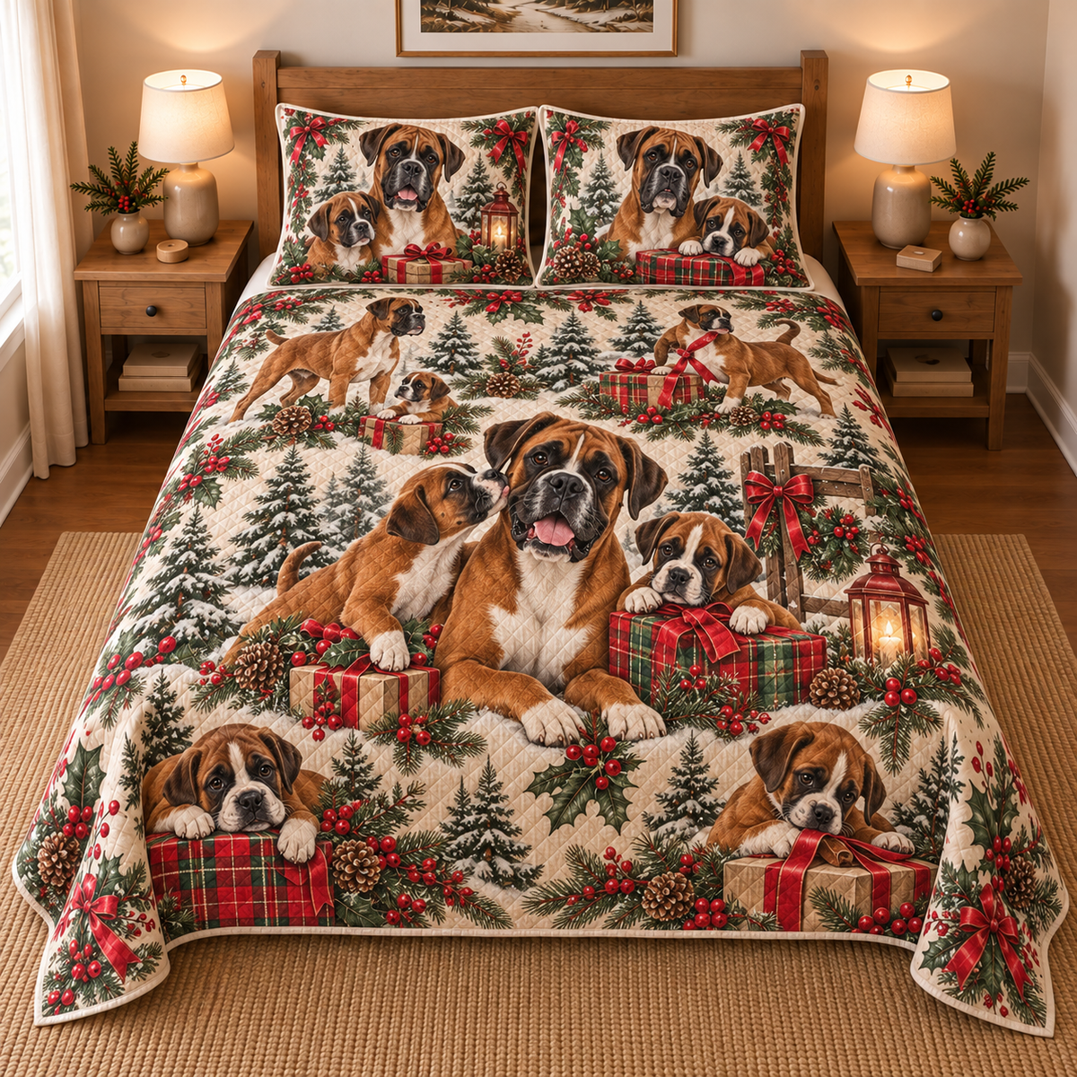 Boxer Gifts and Puppies Christmas Quilt Set, front bedroom view