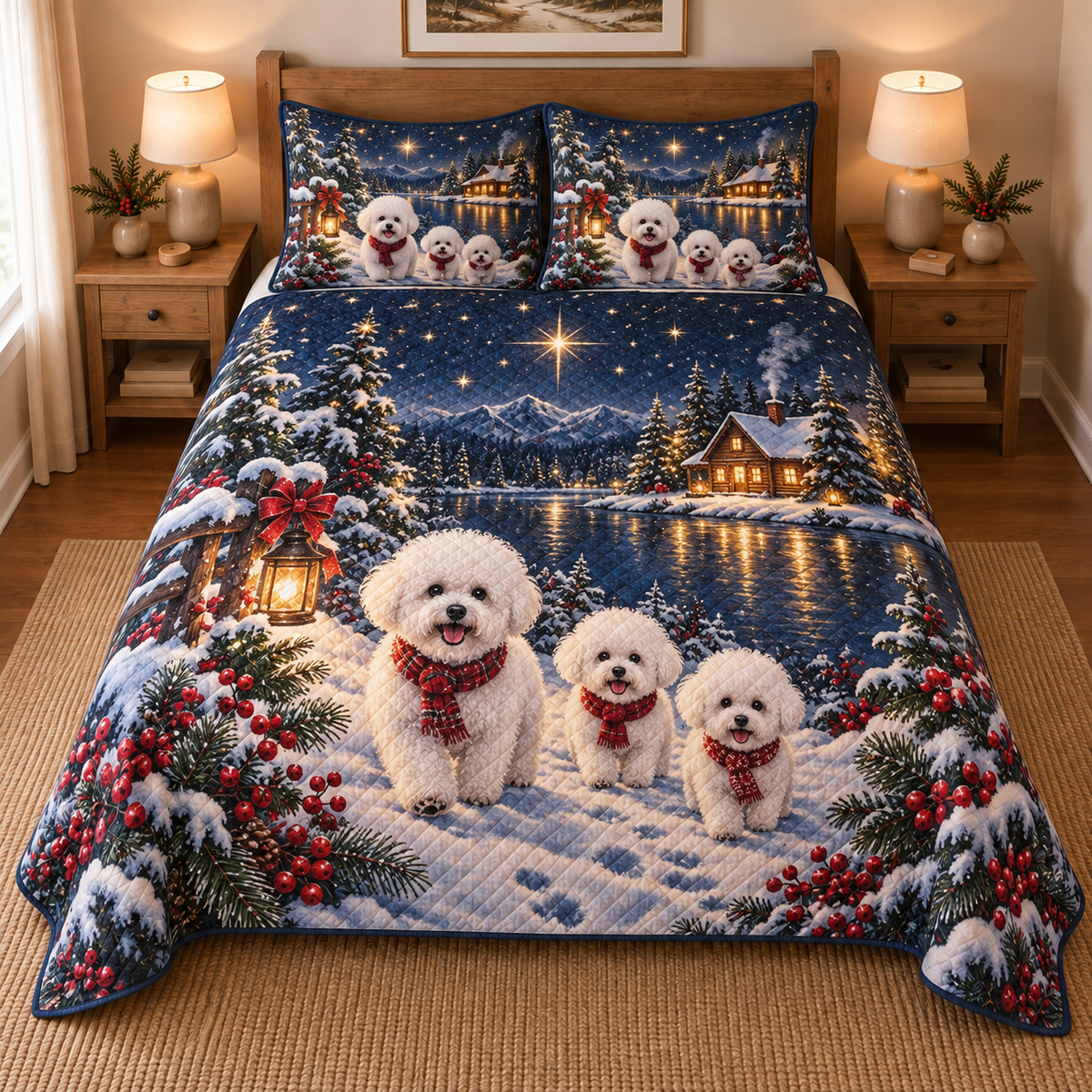 Bichon Frise Starlit Christmas Forest Quilt Set, front bedroom view