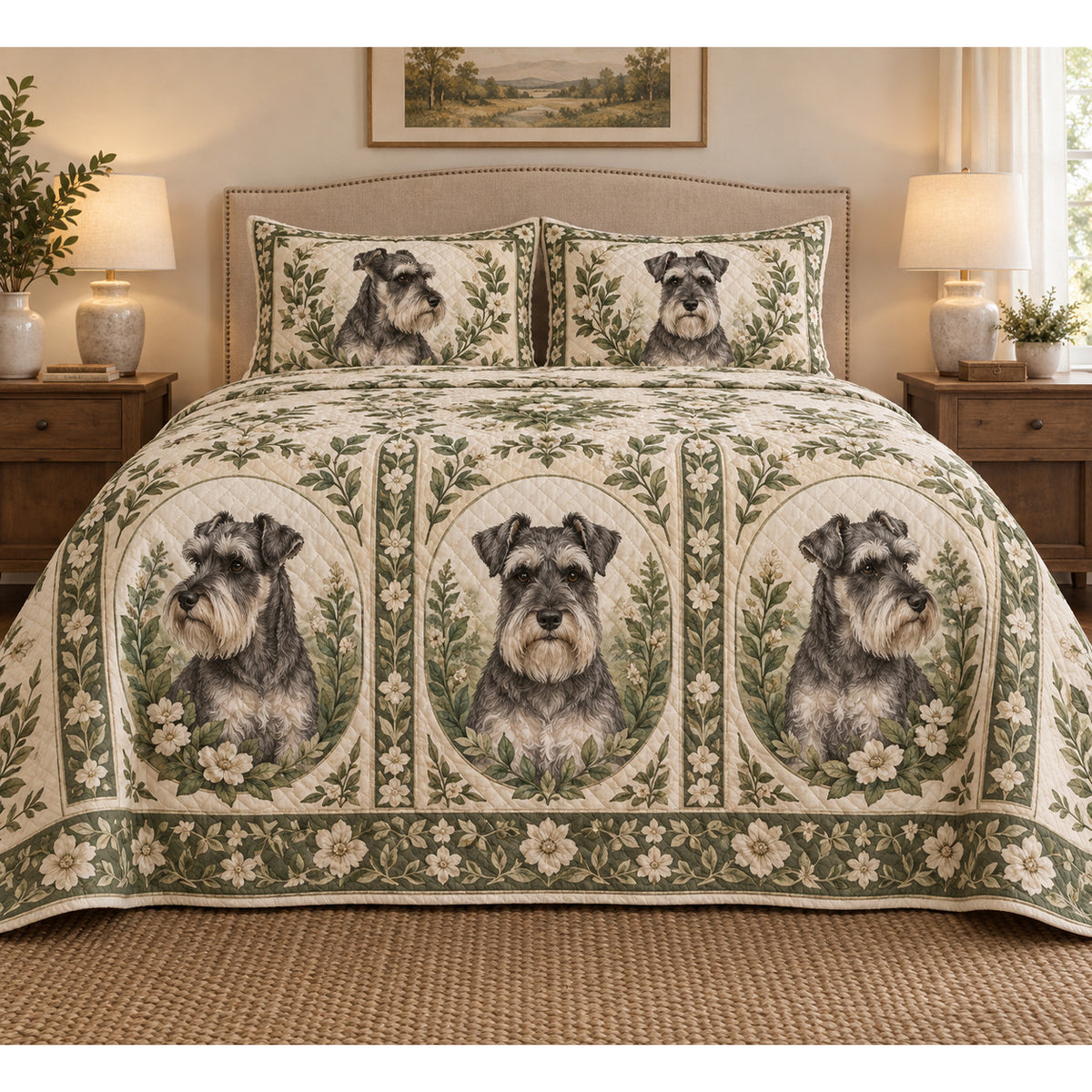 Schnauzer Garden Cameos Quilt Set