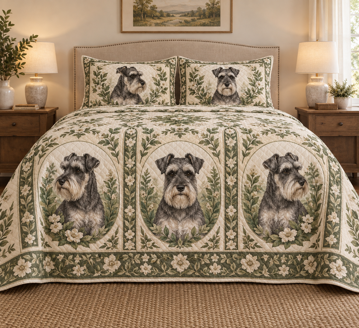 Schnauzer Garden Cameos Quilt Set, front bedroom view