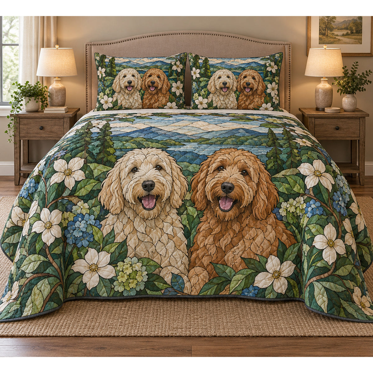 Labradoodle Garden Stained Glass Quilt Set