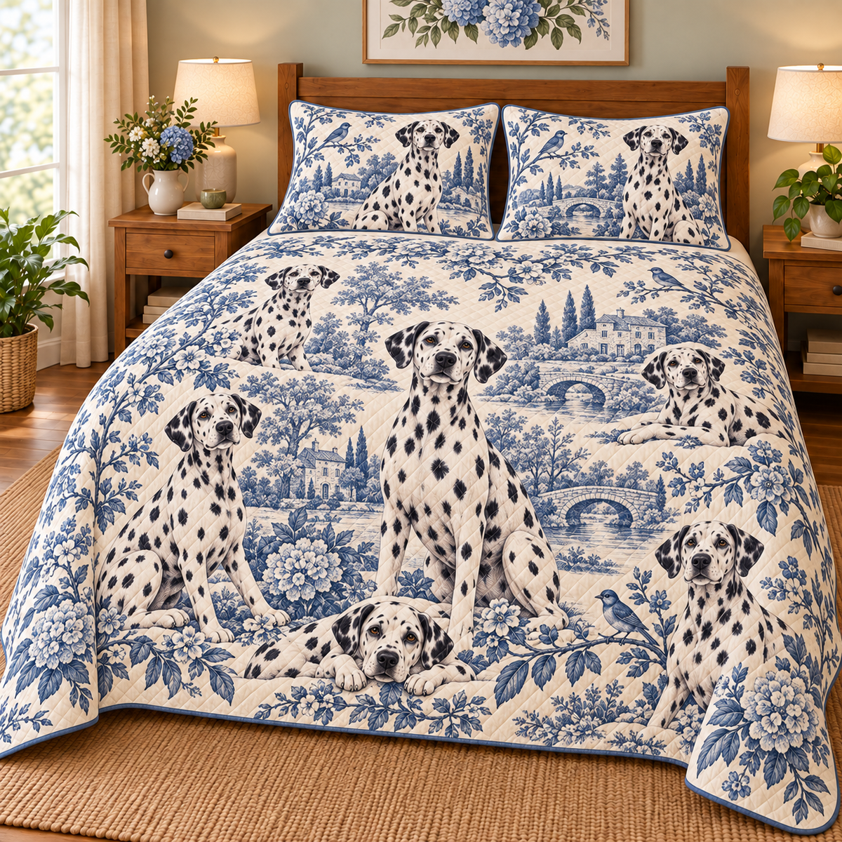 Dalmatian Blue Country Toile Quilt Set, front bedroom view