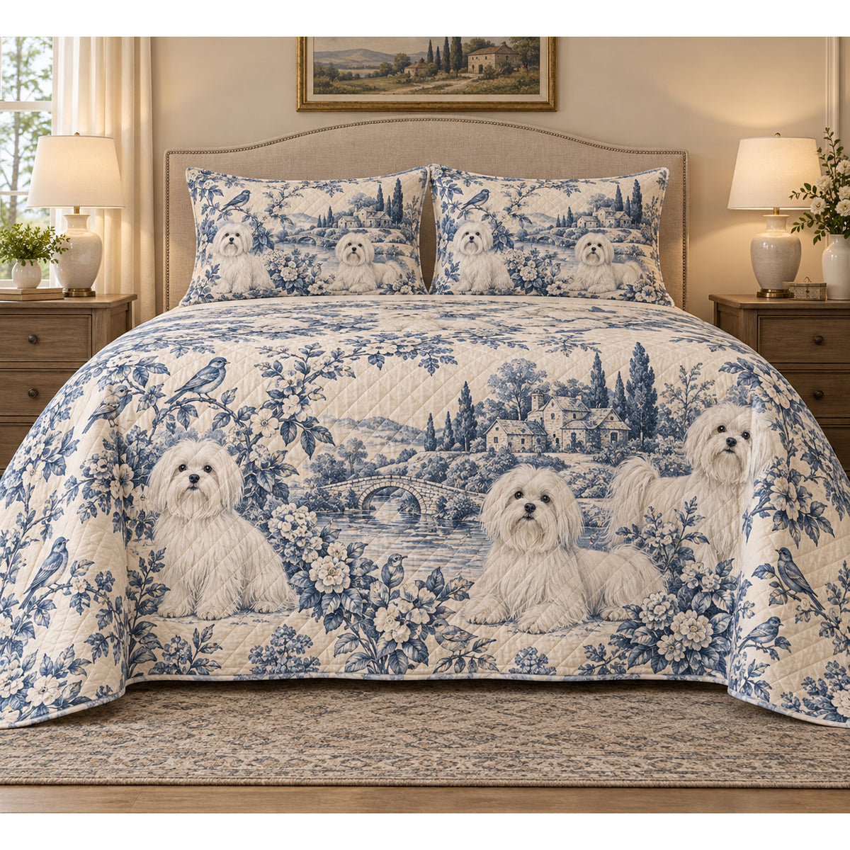 Maltese Blue Country Toile Quilt Set