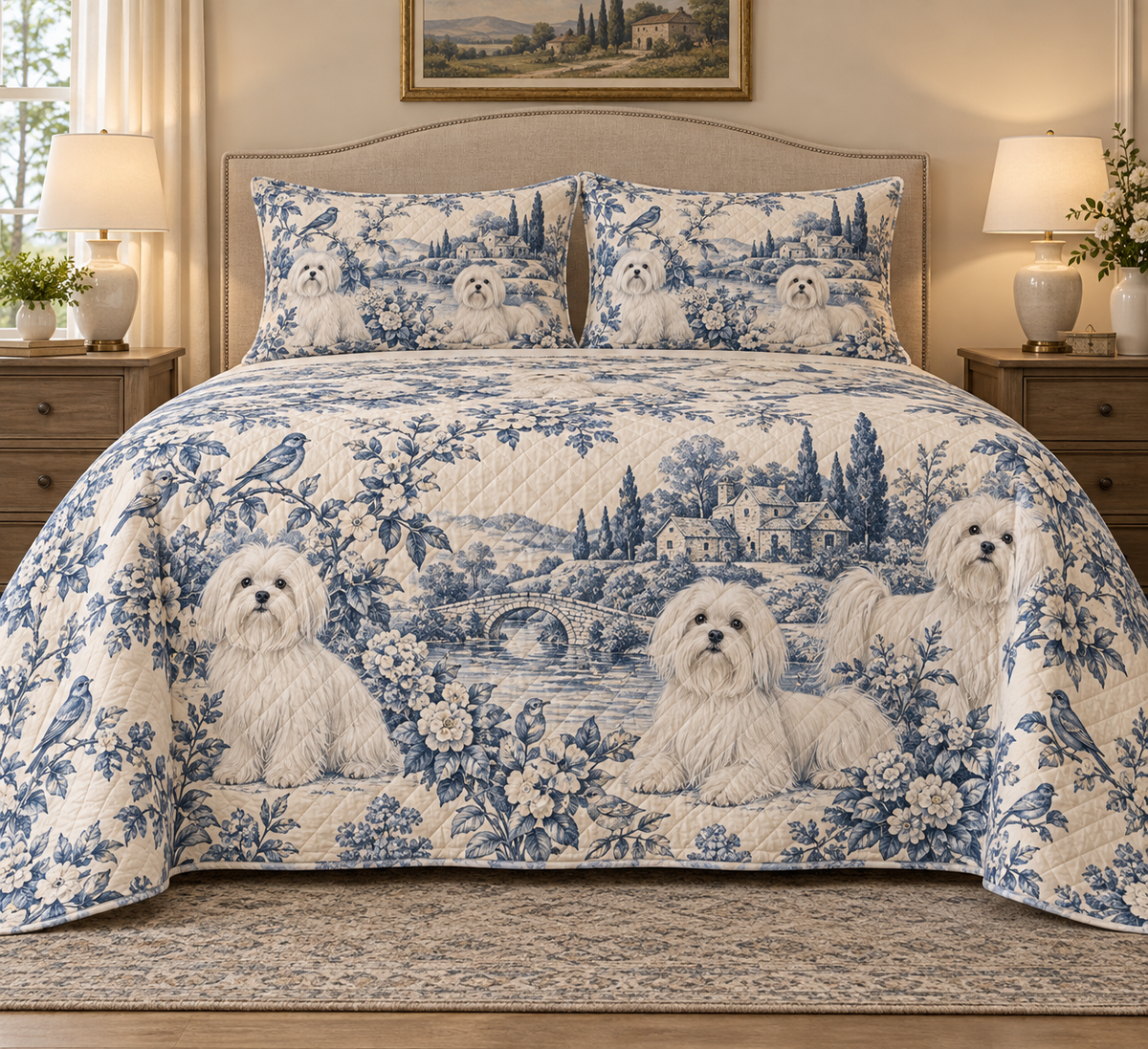 Maltese Blue Country Toile Quilt Set, front bedroom view