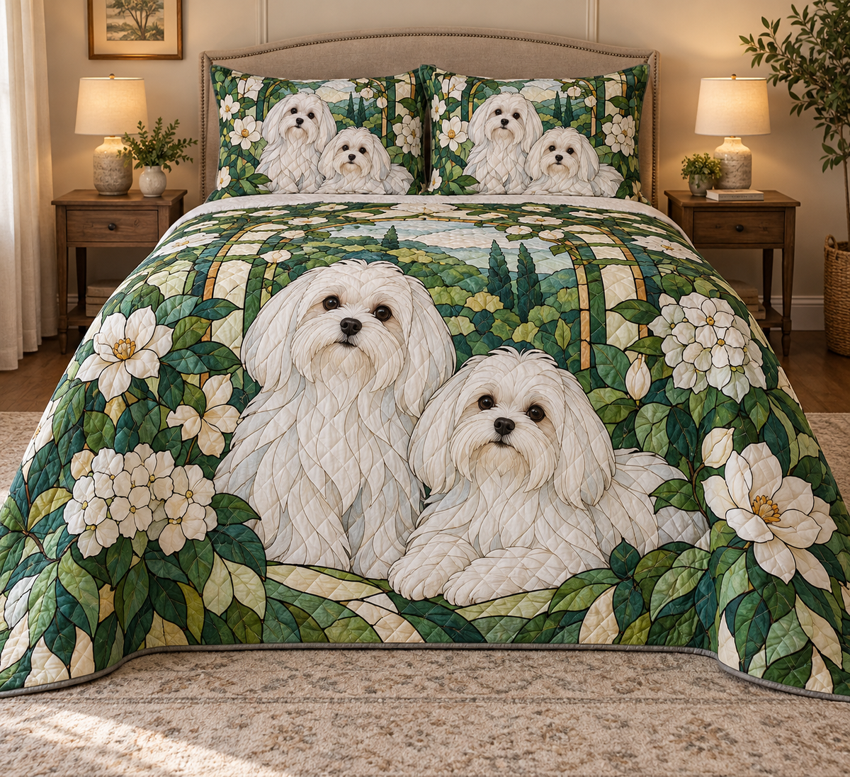 Maltese Garden Stained Glass Quilt Set, front bedroom view
