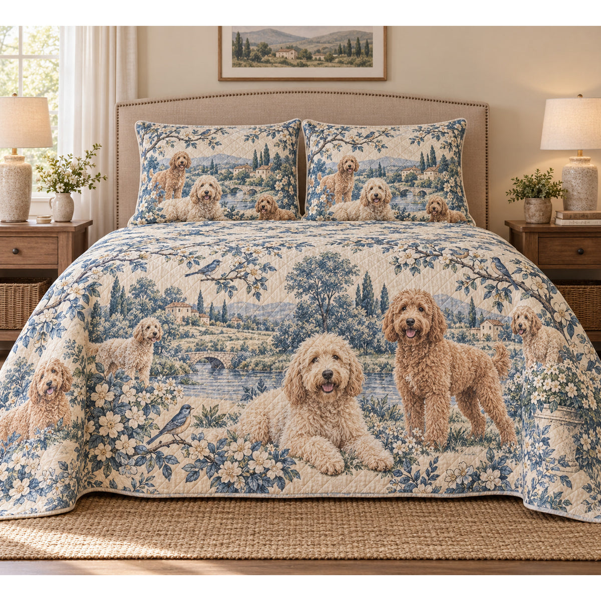 Labradoodle Blue Country Toile Quilt Set