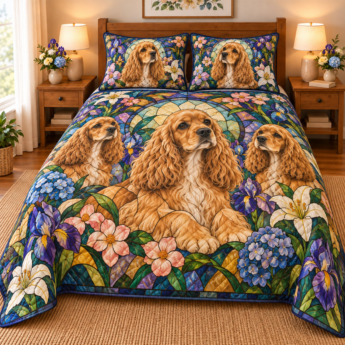 Cocker Spaniel Garden Stained Glass Quilt Set