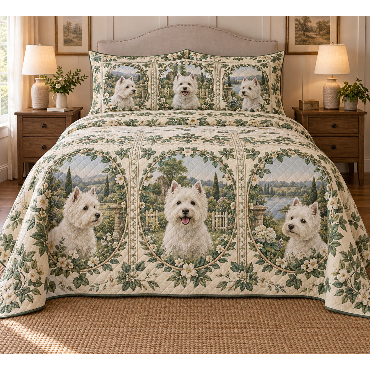 West Highland White Terrier Garden Cameos Quilt Set