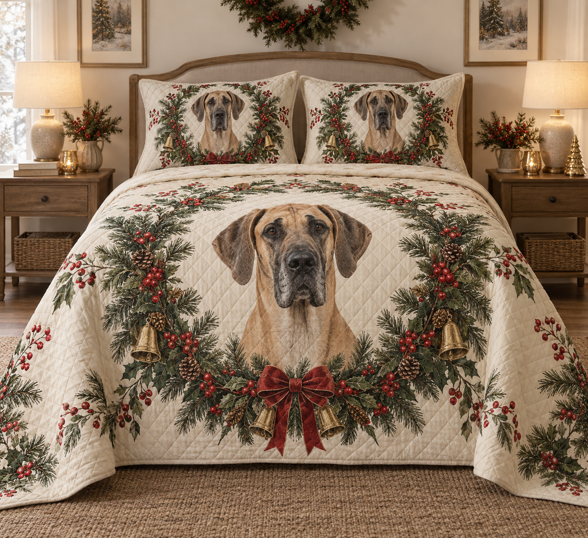 Great Dane Christmas Wreath Quilt Set, front bedroom view
