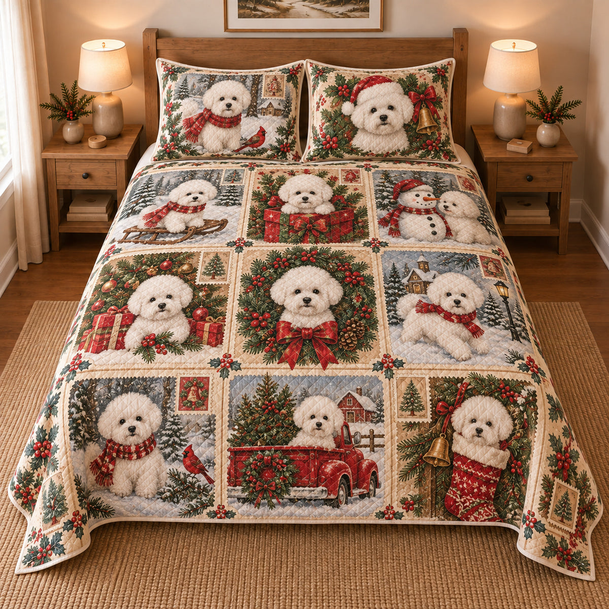 Bichon Frise Vintage Christmas Postcards Quilt Set